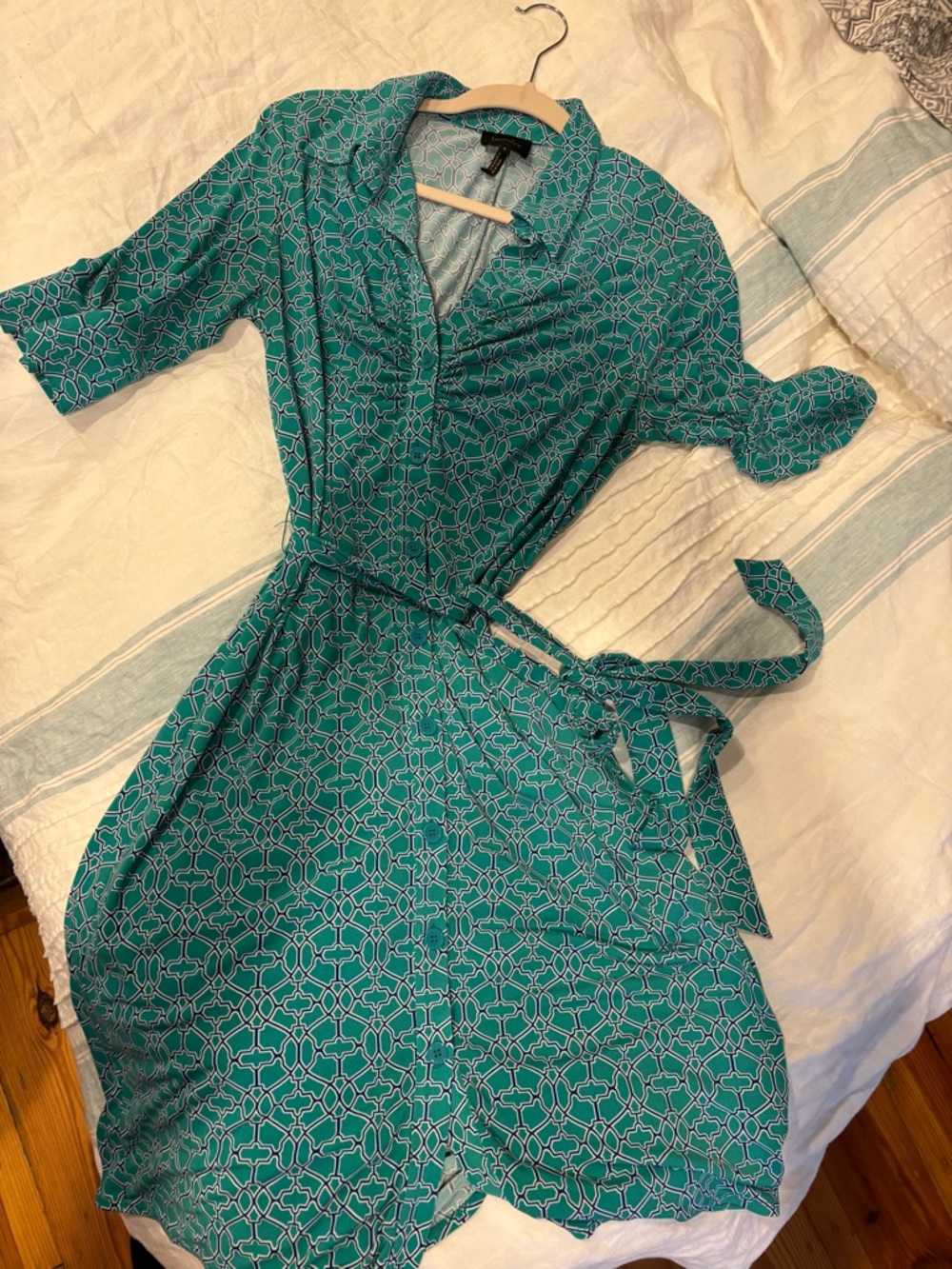 Teal Geometric Shirt Dress with Tie Waist